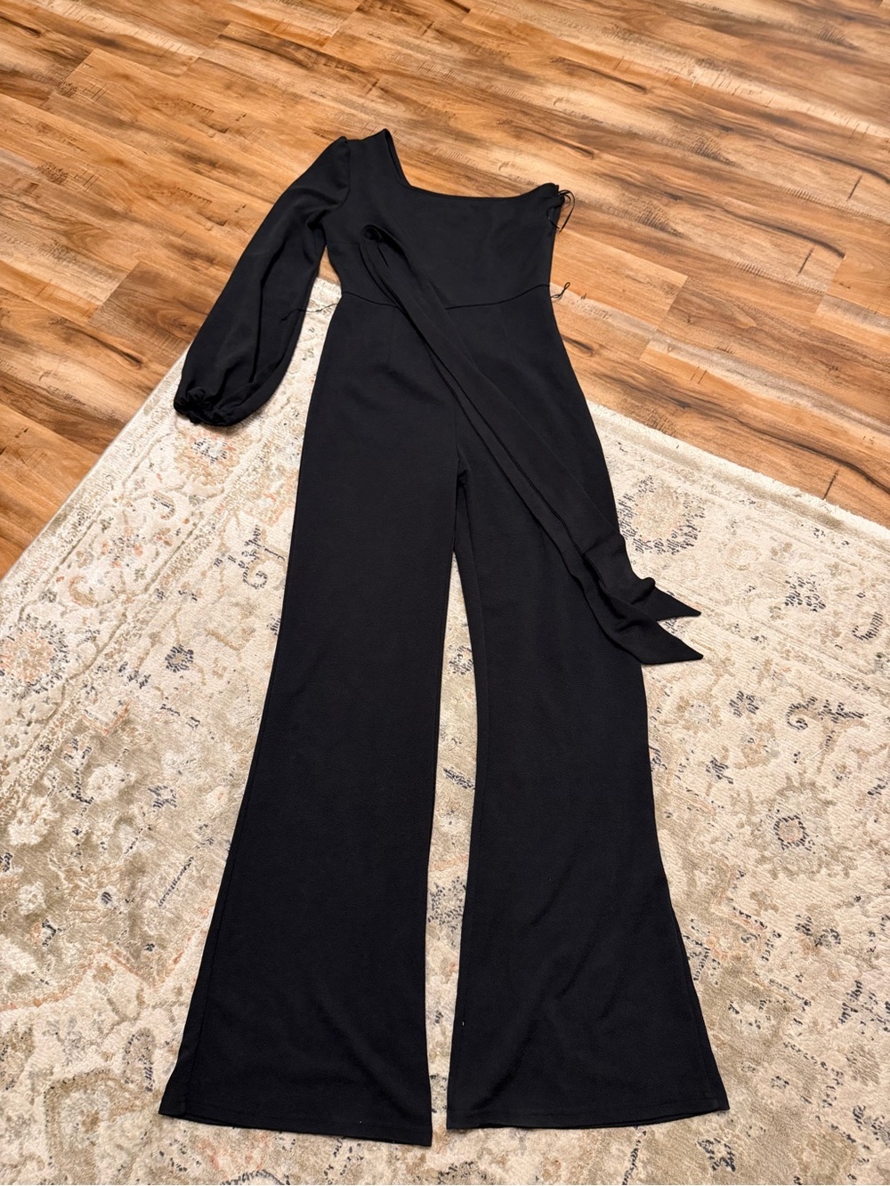 One-Shoulder Black Wide-Leg Jumpsuit with Sash